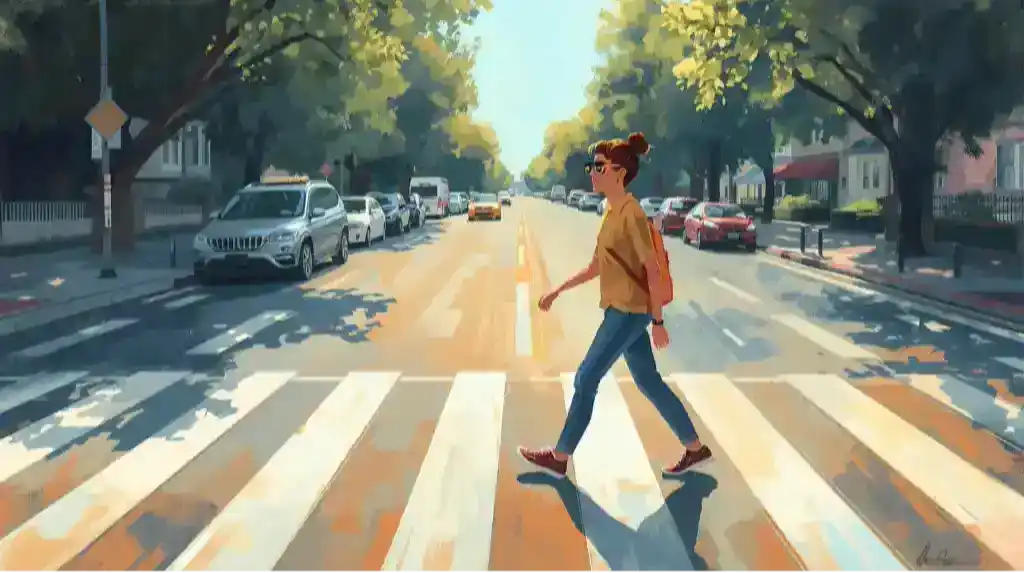 AI-powered assistive technology: smart glasses guiding a visually impaired user across a crosswalk