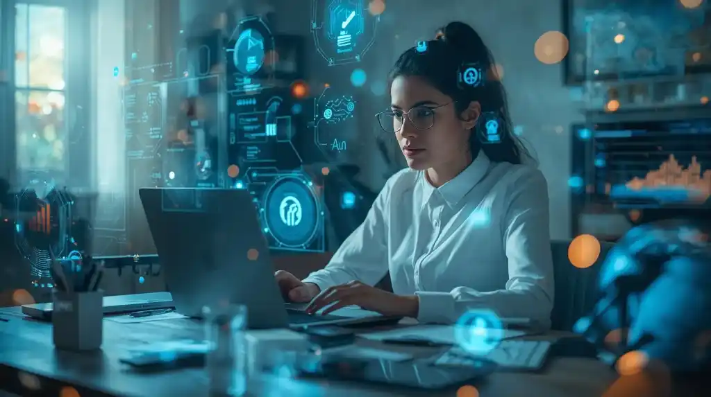 Young entrepreneur using AI tools from a home office setup with digital dashboards
AI‑based business from home