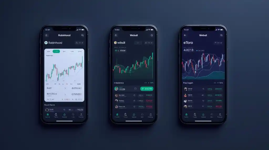Robinhood, Webull, and eToro logos on smartphone screens