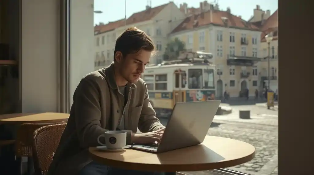 Digital nomad working in Lisbon Portugal café with historic backdrop