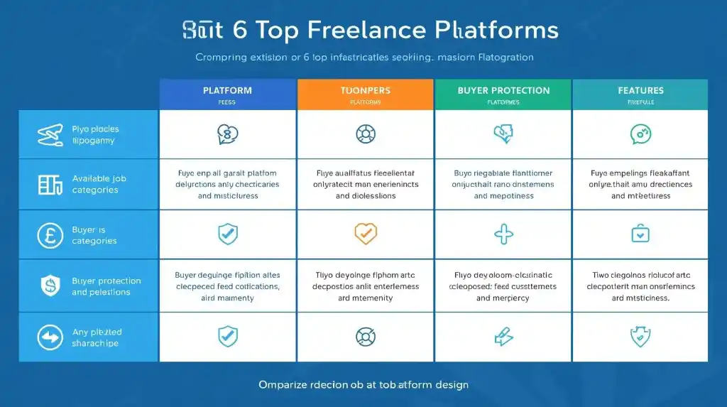 A comparison chart of freelance websites like Upwork, Fiverr, and Contra showing fees, project types, and payment safety.