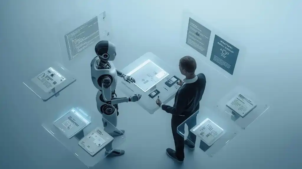 Human and AI robot collaborating on digital content creation side-by-side