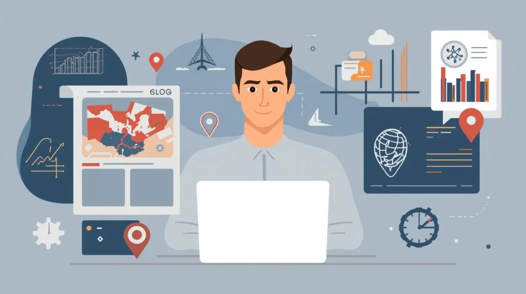 Illustration of a blogger writing about finance, travel, and AI on KnowledgeBayy Blog