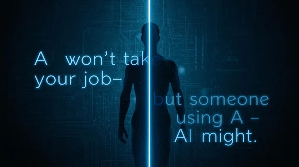 "Split silhouette of human and robot with glowing quote about AI replacing jobs"