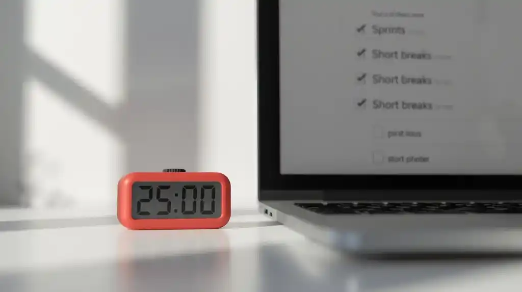 Pomodoro timer and a sprint checklist on a minimalist desk