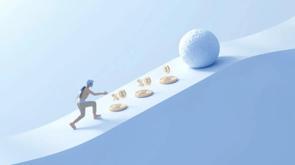 Snowball growing as it rolls downhill, symbolizing compounding growth.