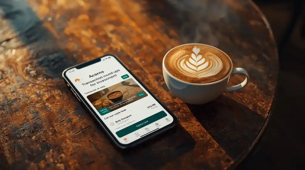 Acorns app rounding up a $4.75 coffee purchase