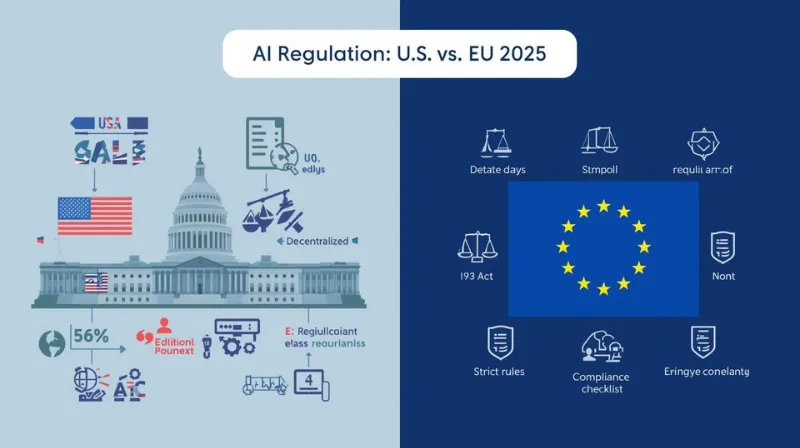 Split-screen infographic comparing US AI regulation and EU AI Act with icons for decentralization vs centralization and policy differences
