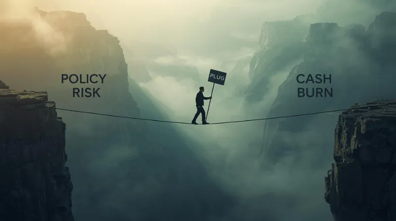 "Symbolic image of Plug Power balancing financial risks like policy change and cash burn."