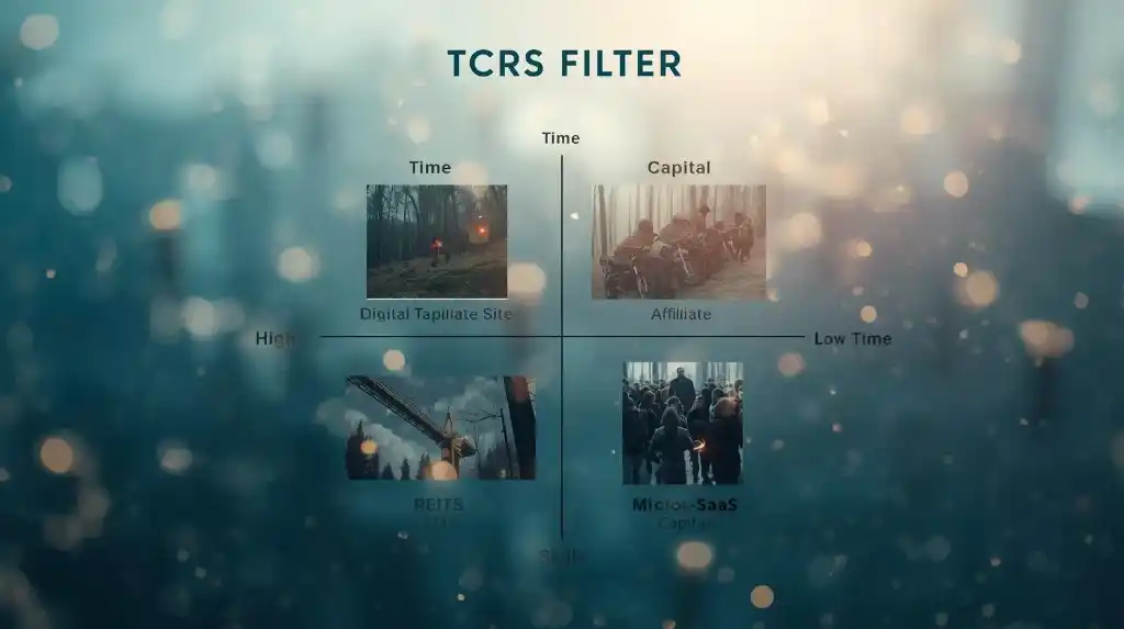 TCRS matrix showing time, capital, risk, and skills to choose passive income streams