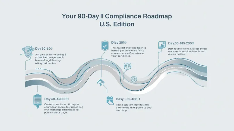 US AI regulation compliance roadmap with steps for age gating, content moderation, and quarterly audit in a modern timeline layout
