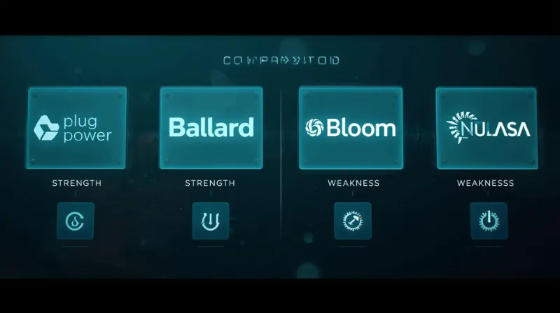 "Visual comparison of Plug Power vs. hydrogen competitors showing strengths and weaknesses."