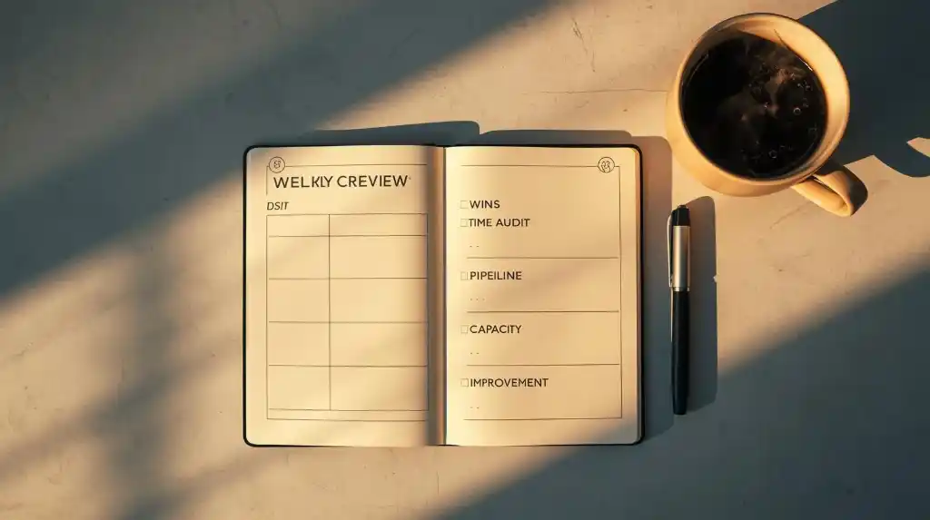 Weekly review checklist with wins, time audit, and capacity planning