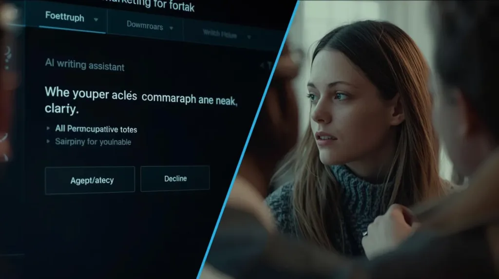 “AI writing tool suggesting grammar and clarity edits with tone recommendations.”
