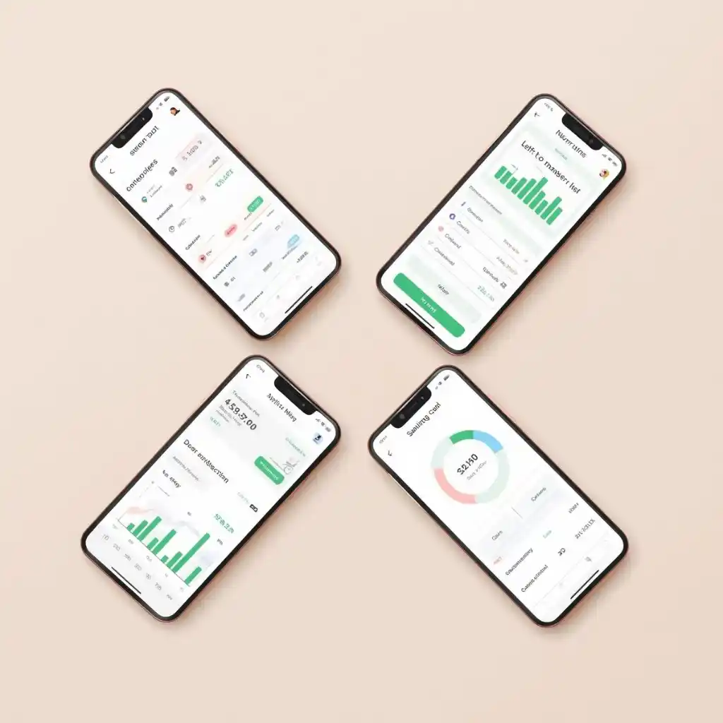 Top-down view of four smartphones displaying generic budgeting app styles: envelopes, transactions, left-to-spend, and savings goals.