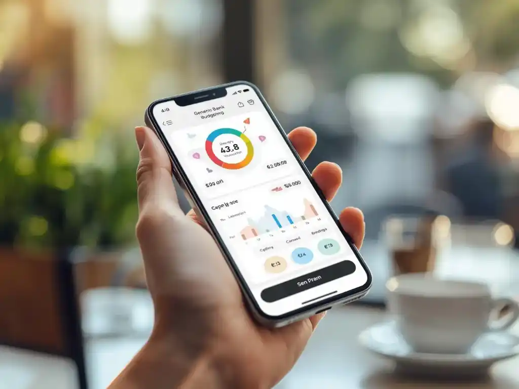 Hand holding a smartphone with a generic bank budgeting dashboard showing a spending wheel and goal progress bars.