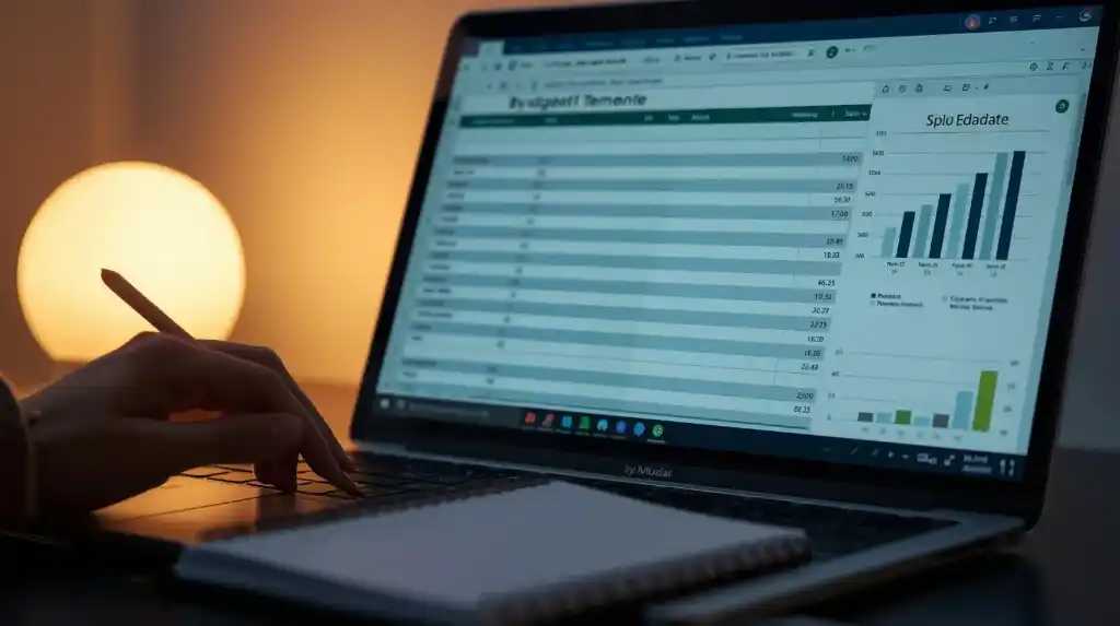 Laptop with a generic spreadsheet budget template and simple charts beside a notebook and pen.