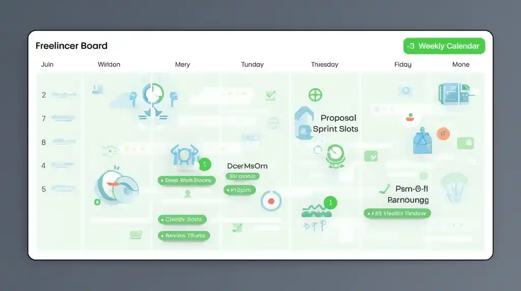 Weekly time-blocking calendar for proposals, delivery, and reviews