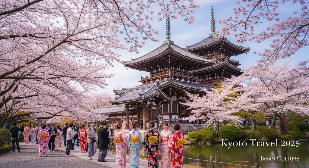 “Kyoto travel 2025 — traditional Japanese temple with cherry blossoms and cultural heritage.”