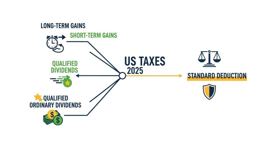 “Infographic of the 2025 US tax landscape: long- vs short-term gains, qualified dividends, and standard deduction.”