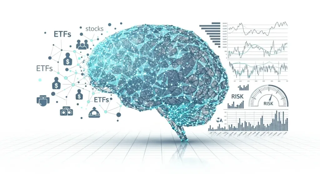 Concept art showing a digital brain merging with diversified market instruments to represent AI investing