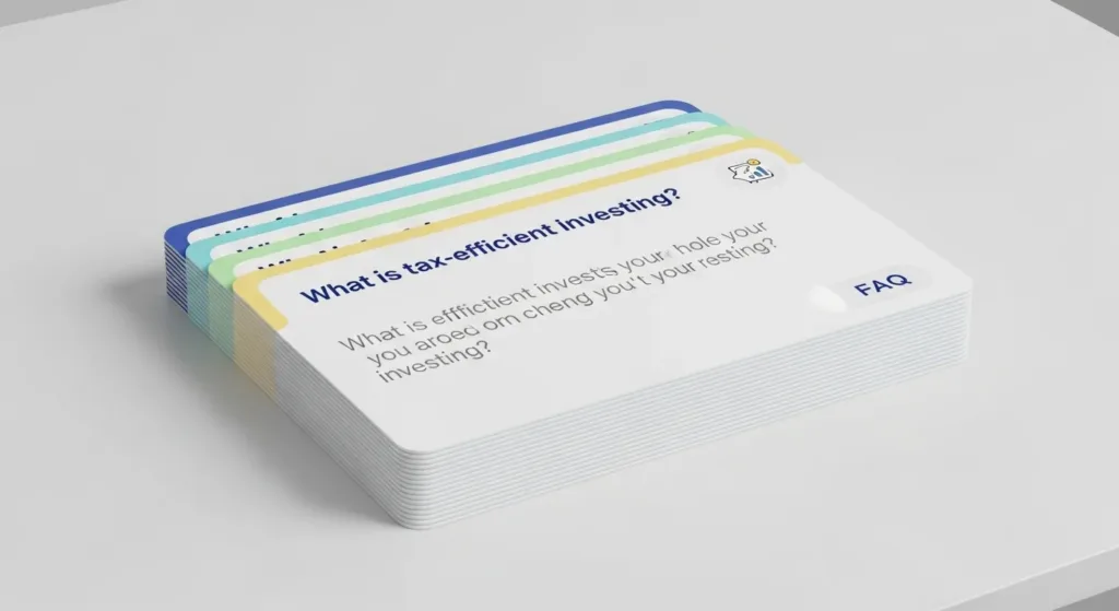 “Stacked FAQ cards answering common tax-efficient investing questions.”