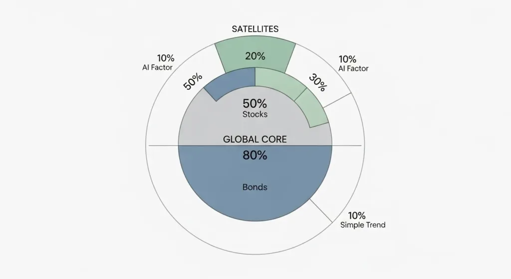 Example beginner portfolio mixing a diversified core with small AI-driven satellites