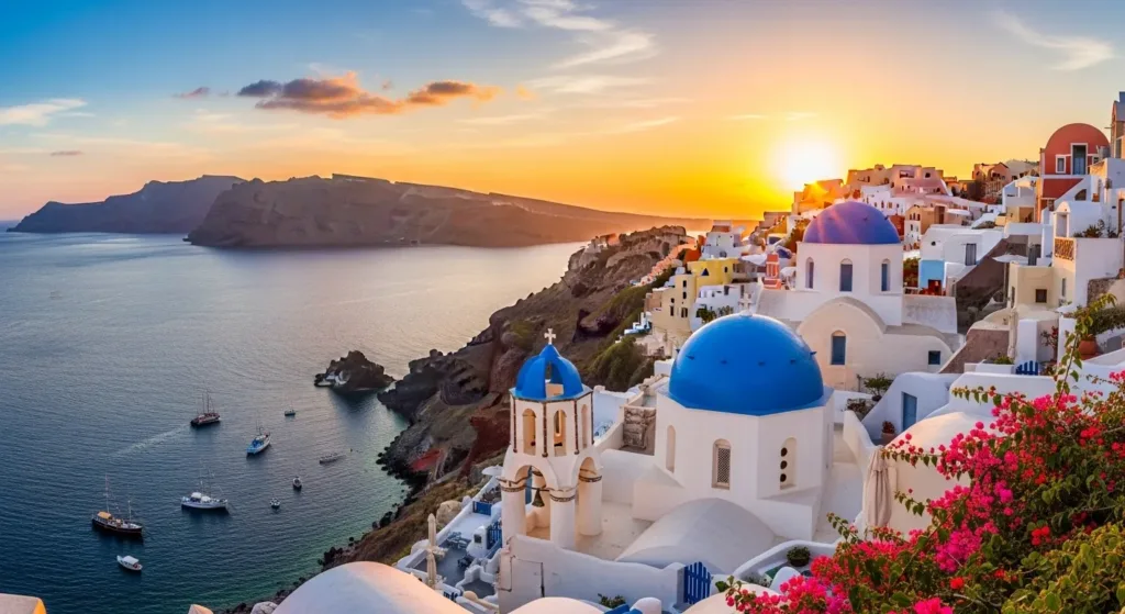 “Santorini travel 2025 — Greek island with sunset view over the Aegean and iconic blue domes.”