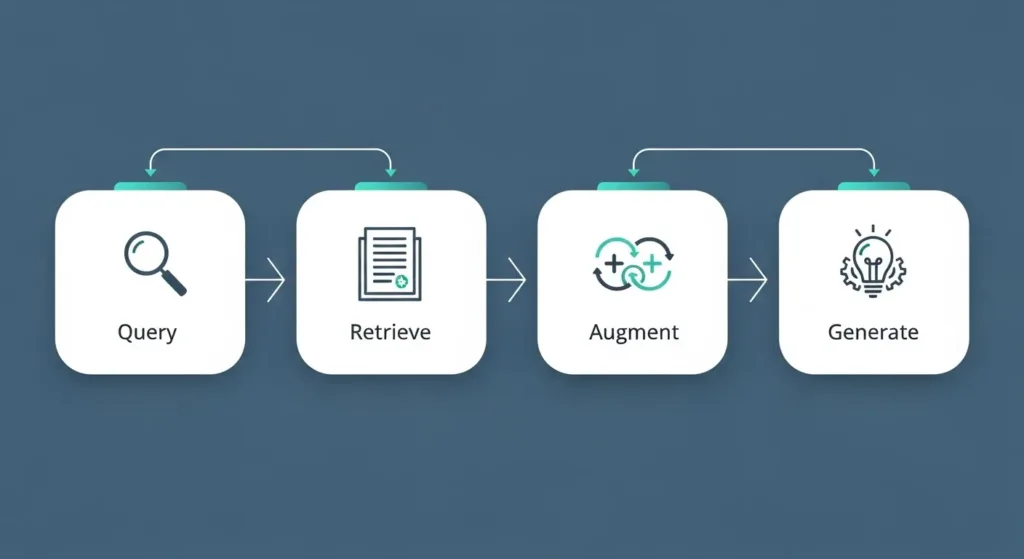 “Four-step RAG pipeline infographic with icons for query, retrieval, augmentation, and generation.”