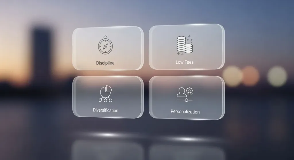 Minimal grid of icons highlighting AI investing benefits: discipline, low fees, diversification, personalization