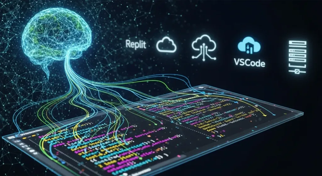 Visual representation of AI neural networks powering coding tools like Replit and VSCode, highlighting the tech behind vibe coding.