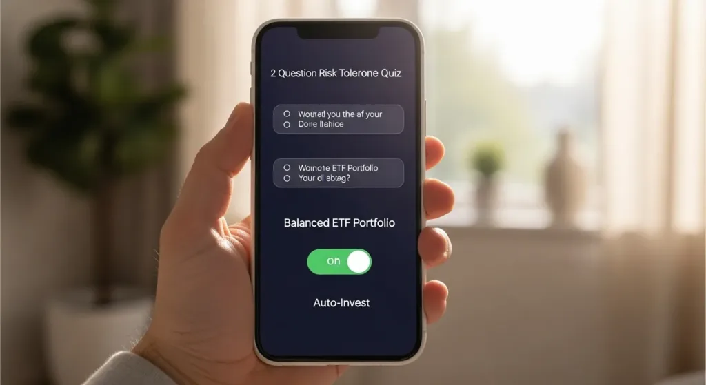 Robo-advisor app recommending a balanced ETF portfolio with an auto-invest toggle