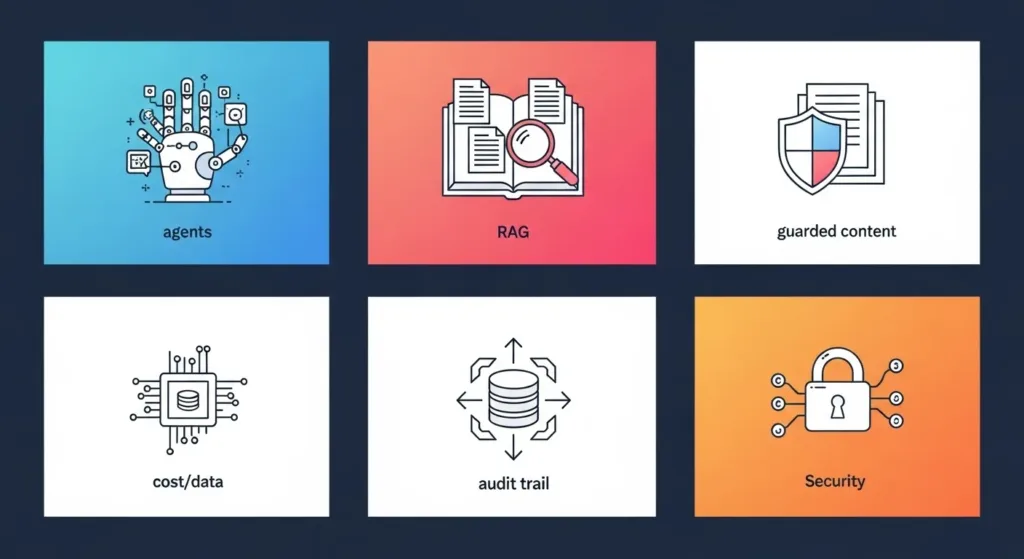 Grid of five cards depicting AI agents, RAG, guarded content, cost and data, and security