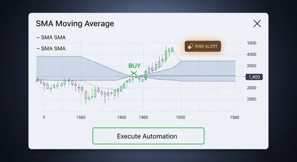 Algorithmic trading interface showing automated entry/exit rules and risk alerts