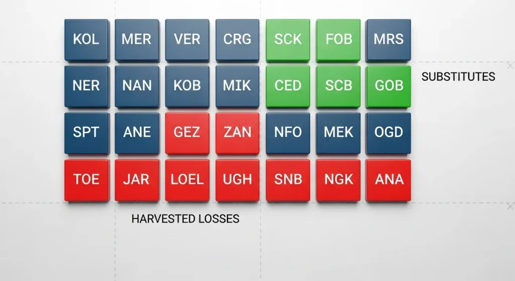 “Visualization of direct indexing: harvesting losses on individual stocks and swapping to approved substitutes.”