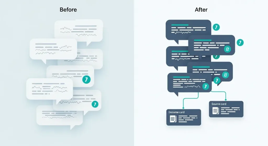 “Split graphic contrasting ungrounded AI responses with source-grounded answers and citation icons.”