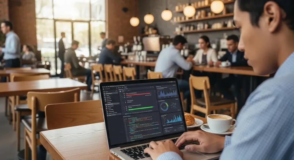 Freelancer coding with AI in a U.S. coffee shop, demonstrating real-world use cases of vibe coding in 2025.