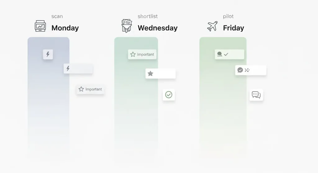 Minimal calendar and kanban board showing a 25-minute weekly AI news routine