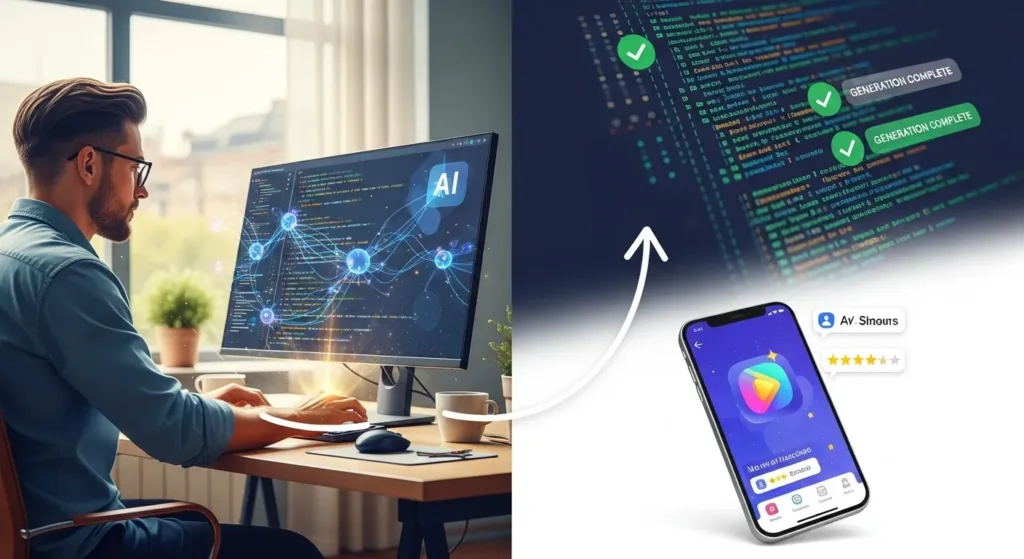 Split-screen image showing AI-assisted coding and a successful app launch, illustrating the benefits of faster development and creativity.