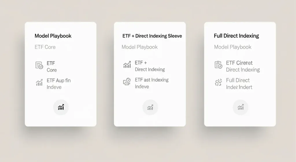 “Three model playbooks compared: ETF core, ETF plus DI sleeve, and full direct indexing.”