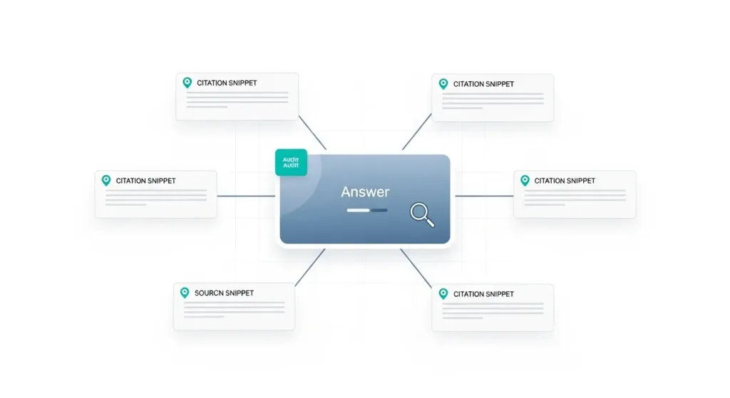 “Answer card connected to multiple source snippets, highlighting citations and auditability.”