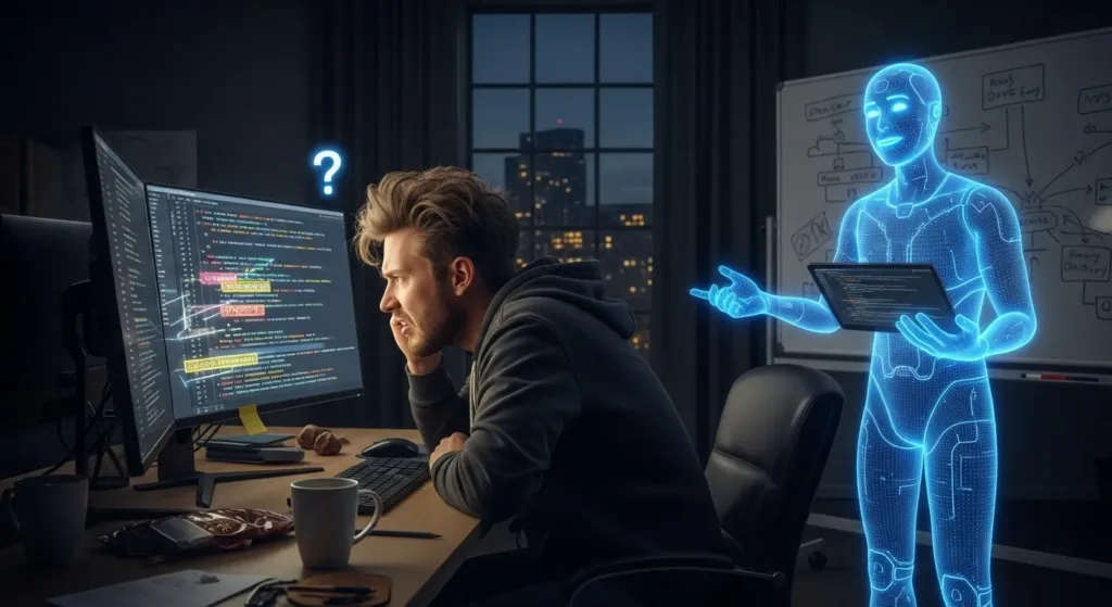 Developer dealing with buggy AI-generated code, reflecting challenges like over-reliance and lack of transparency in vibe coding.