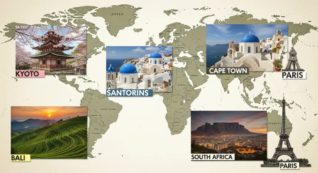 “Comparison of the 5 world travel destinations 2025 — global map linking Kyoto, Santorini, Cape Town, Bali, and Paris.”
