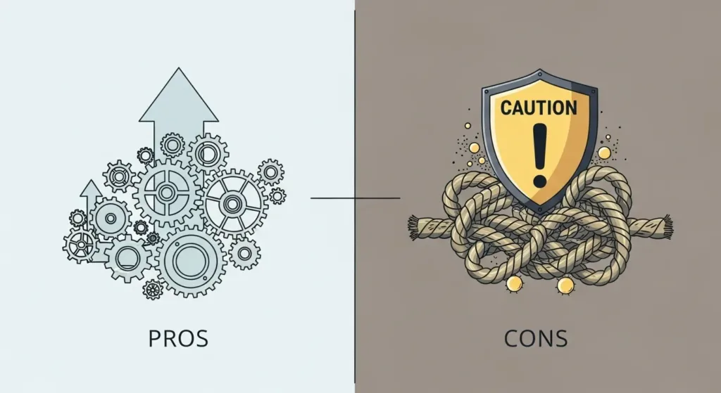 Balanced split illustration showing pros and cons of adopting AI tools