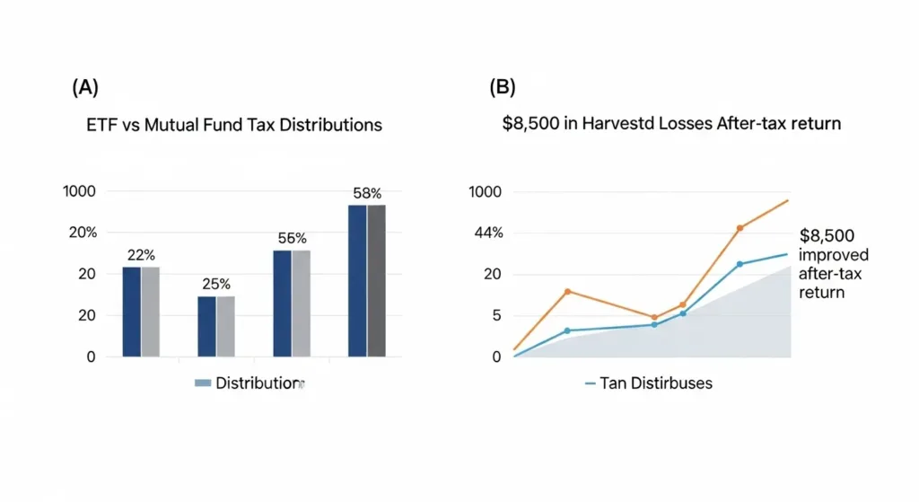 “Mini charts showing lower ETF distributions and how harvested losses improve after-tax returns.”