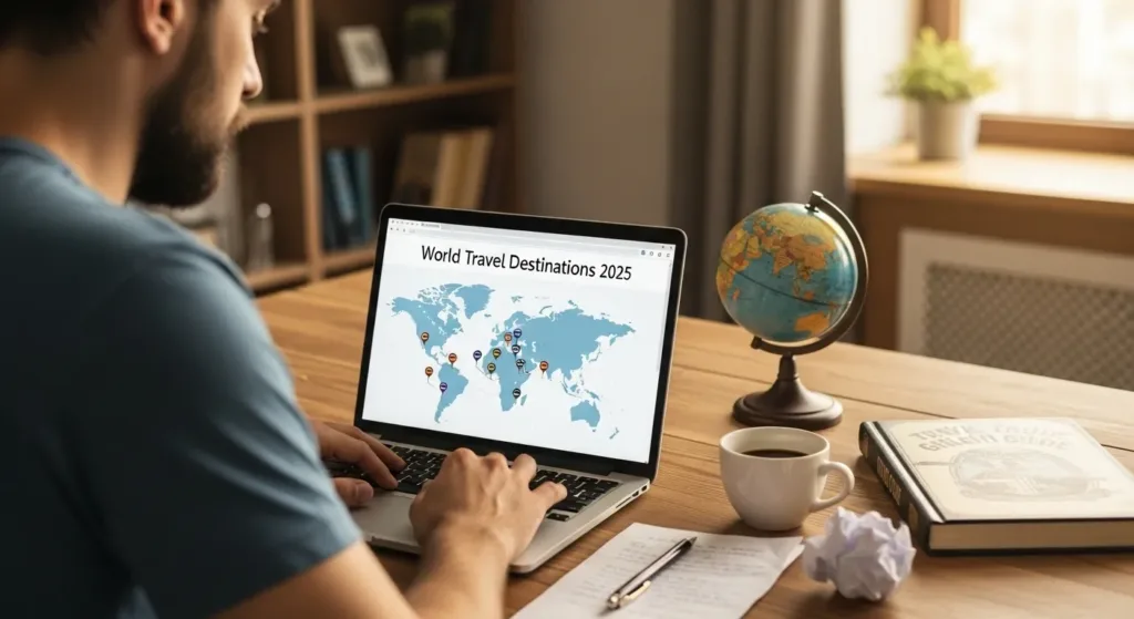 “Traveler researching world travel destinations 2025 on laptop with map and checklist.”