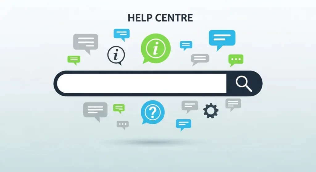 Help center style graphic with search bar silhouette and info icons for AI FAQs