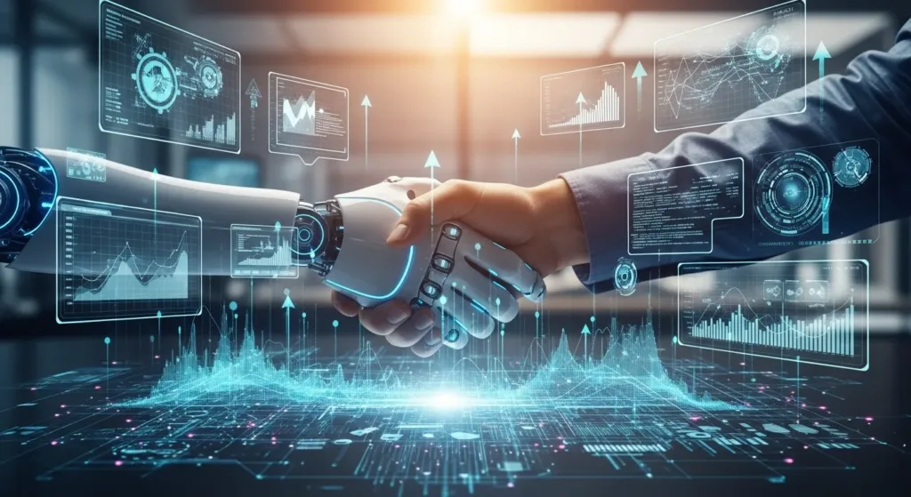 Human and AI shaking hands over code, symbolizing the future collaboration between developers and artificial intelligence.