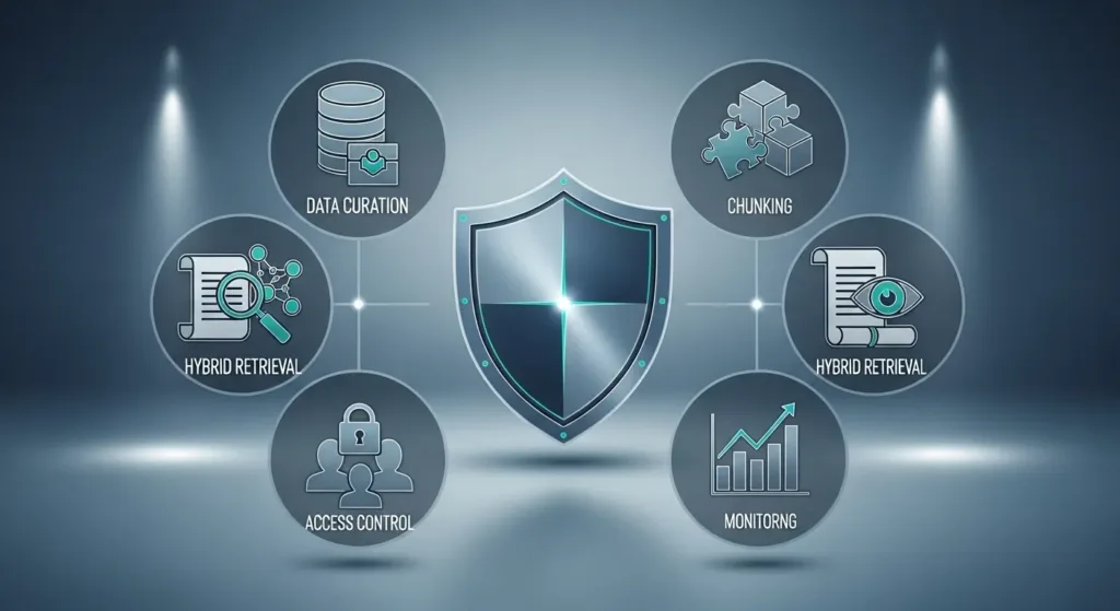 “Shield graphic surrounded by icons for RAG best practices and safety guardrails.”