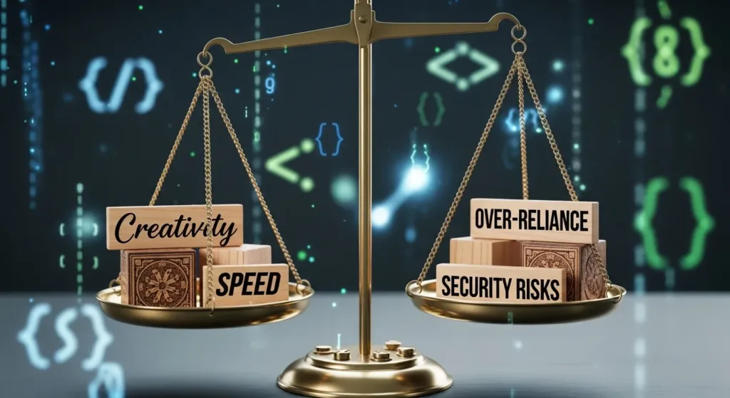 Balanced scale comparing pros like speed and creativity with cons such as dependency and privacy risks in AI coding.